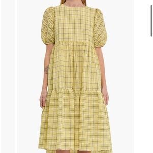 English Factory midi dress with puff  sleeves plaid in white / brown Sz  Xs